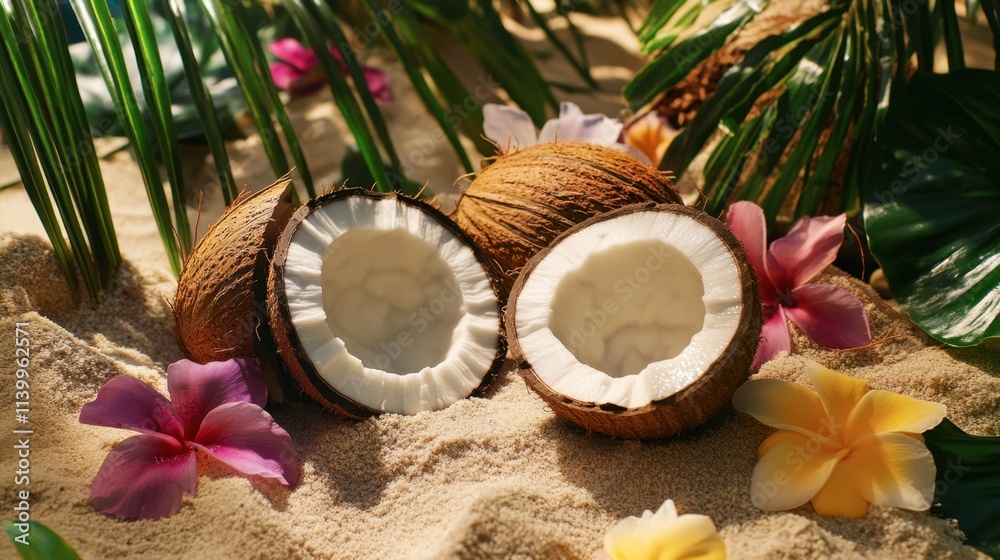 Fresh coconut halves on a sandy surface, surrounded by tropical flowers for a beach-themed concept Fresh coconut halves on a sandy surface, surrounded by tropical flowers for a beach-themed concept