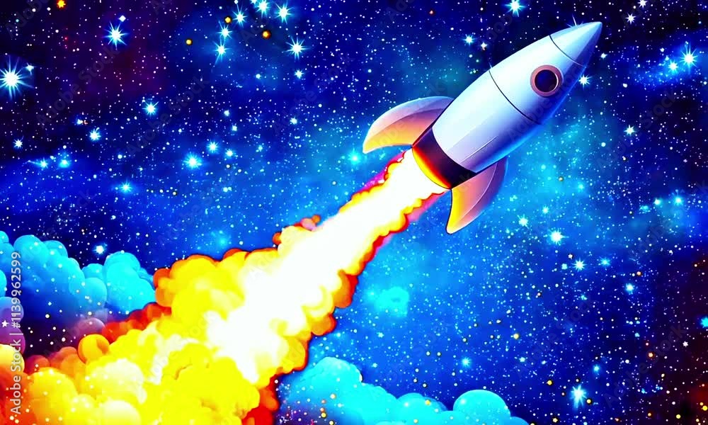 Rocket launching into deep space, vibrant cosmic background, fiery propulsion, galaxy exploration, futuristic spacecraft, outer space adventure, celestial travel, glowing stars, dynamic cosmic energy.
