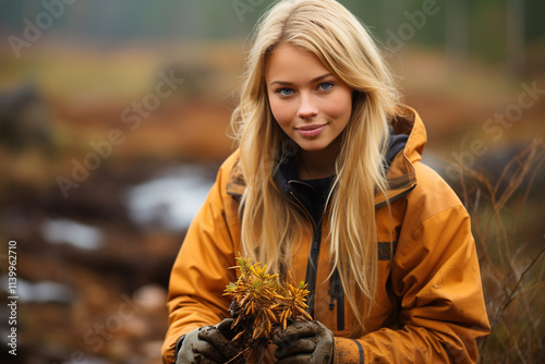 man woman autumn bog represents changing seasons and peacefulness, with its golden colors, fallen leaves, and simultaneous presence of decay and new life in its wetland environment photo