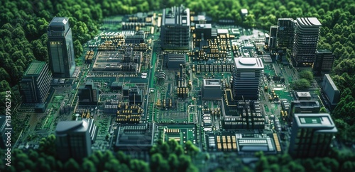 3D-printed circuit board city with streets and buildings on the top of an electric road