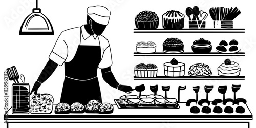 Baker preparing a tray of pastries before placing them in the oven, Digital Art