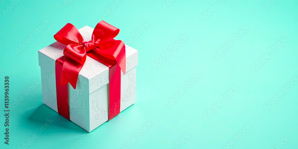 A delicately decorated gift box with a vibrant red ribbon, ready for a special occasion A delicately decorated gift box with a vibrant red ribbon, ready for a special occasion