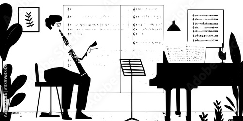 A clarinetist practicing scales in a quiet room filled with sheet music, Digital Art