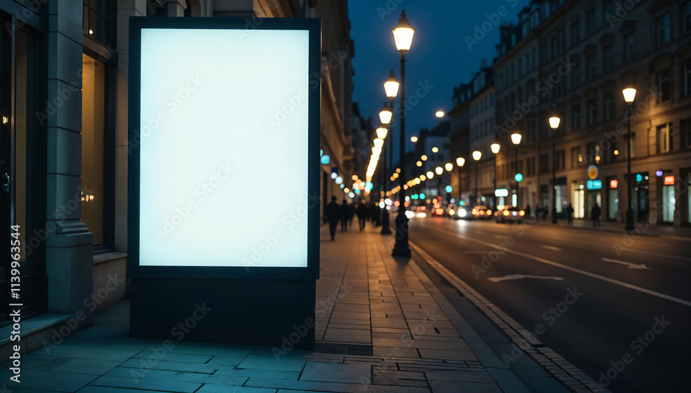 A large white sign is placed on the sidewalk where people walk past the billboard. A large white sign is placed on the sidewalk where people walk past the billboard.