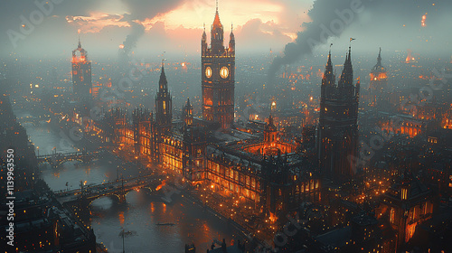 steampunk city, gears, cogs, airships, smokestacks, clock towers, brass, Victorian, machinery, retro-futuristic, industrial, metal, steam power, cobblestone streets, pipes, factories, victorian archit