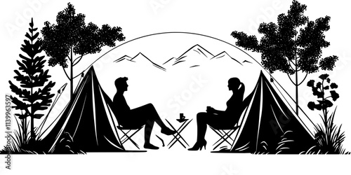 Couple sitting on chairs outside a furnished tent in a scenic location, Digital Art