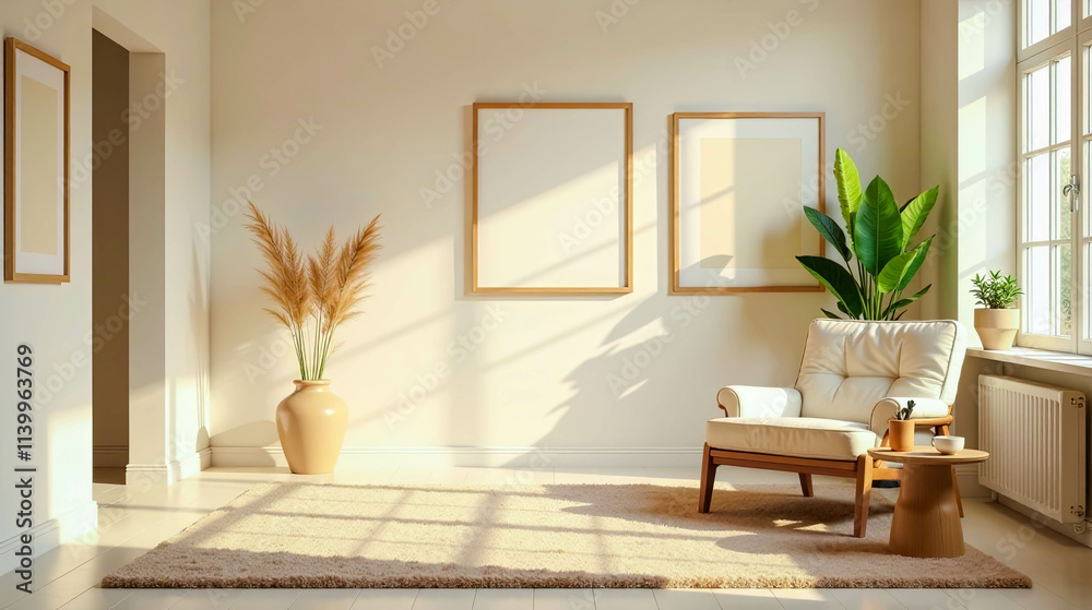 Serene Minimalist Living Room Interior Design with Natural Light and Warm Tones