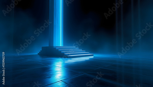 Dark abstract futuristic background. Dark Scene. Step up, large magic column, pillar. Blue neon light, concrete floor reflected in water isolated . Shades of white., png
