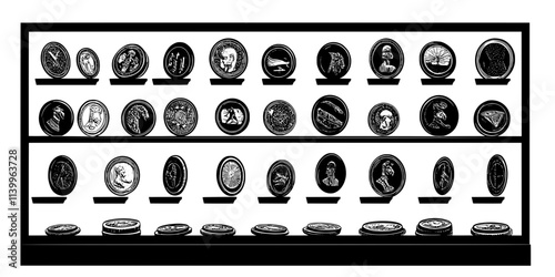 A display case showing rows of ancient coins from various cultures and empires, Digital Art
