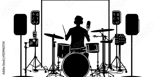 Drummer recording beats in a professional studio with microphones, Digital Art