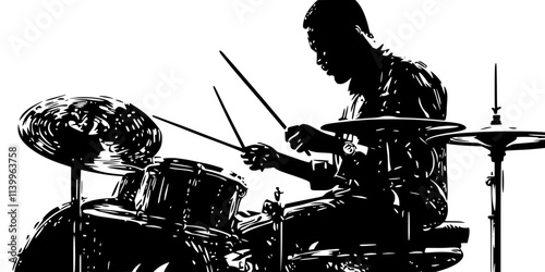A drummer improvising a solo during a jam session with other musicians, Digital Art