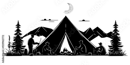 Family gathering around a large tent with visible modern camping equipment, Digital Art