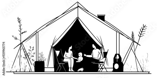 Family relaxing outside a spacious tent in a designated glamping zone, Digital Art