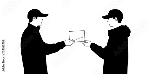 A first-day cover being passed between two collectors during a small gathering, Digital Art