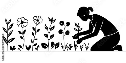 Gardener planting perennials along the edges of a garden bed in the backyard, Digital Art