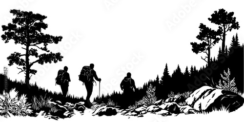 Group navigating a rugged mountain trail with distant valleys visible, Digital Art