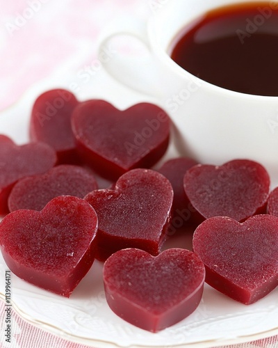 Heart-shaped jelly candies arranged beside a cup of dark tea.