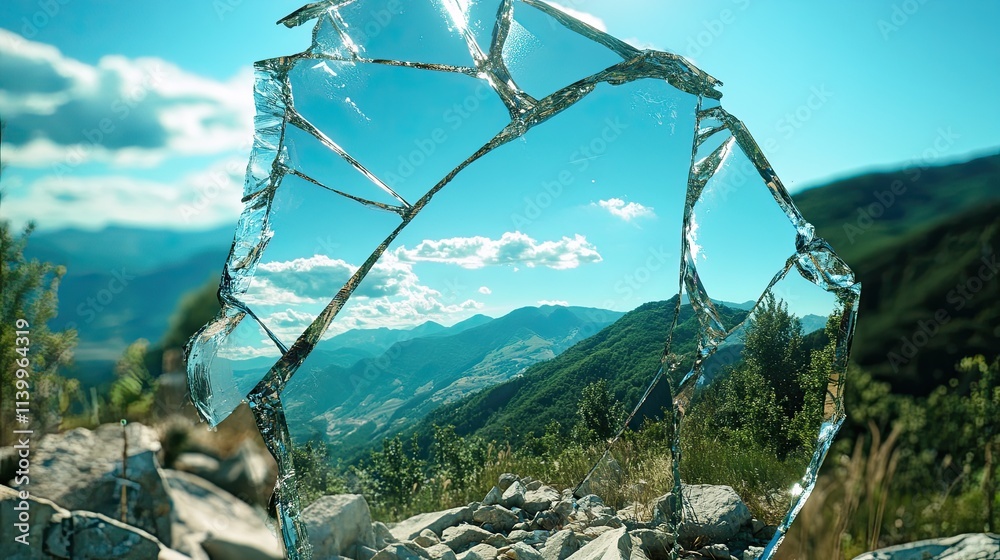 Obraz premium Shattered Glass Reflecting Mountainous Landscape