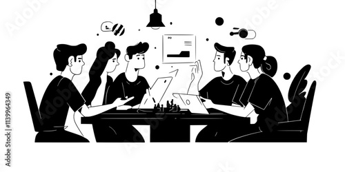 A group of players discussing tactics while building and managing virtual resources during gameplay, Digital Art