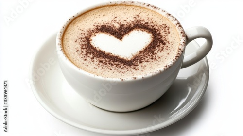 Frothy cappuccino with heart latte art viewed from above, perfect for caf or coffee themes.