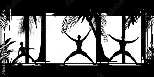 A group practicing warrior one pose in a heated room, hands reaching overhead, Digital Art