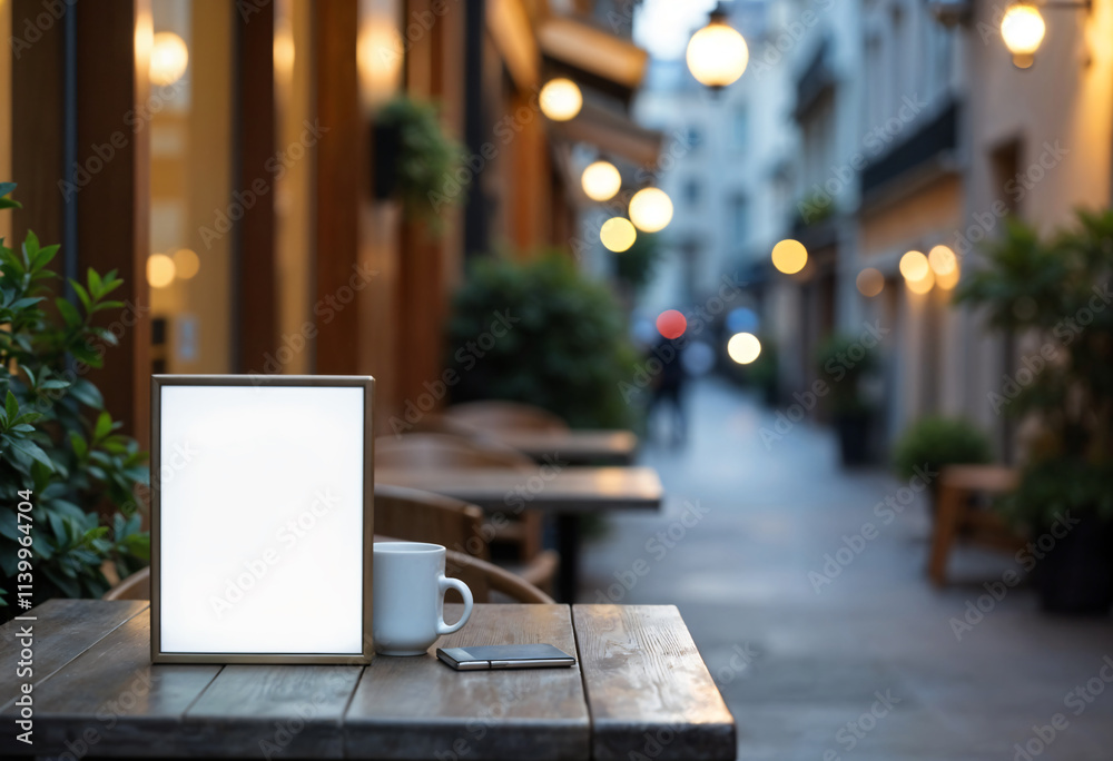 Small Mockup Billboard for Menu, Restaurant, Cafe, Dinner, Pedestrians in the City, Blurred Background on Wooden Table, Outdoor with Sunset Light Small Mockup Billboard for Menu, Restaurant, Cafe, Dinner, Pedestrians in the City, Blurred Background on Wooden Table, Outdoor with Sunset Light
