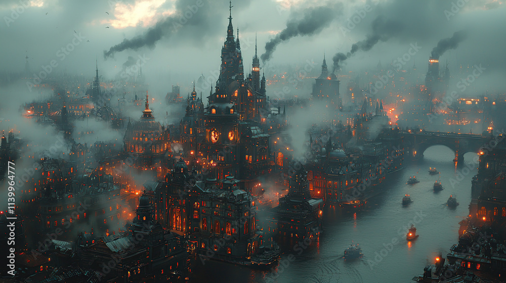 Fototapeta premium steampunk city, gears, cogs, airships, smokestacks, clock towers, brass, Victorian, machinery, retro-futuristic, industrial, metal, steam power, cobblestone streets, pipes, factories, victorian archit