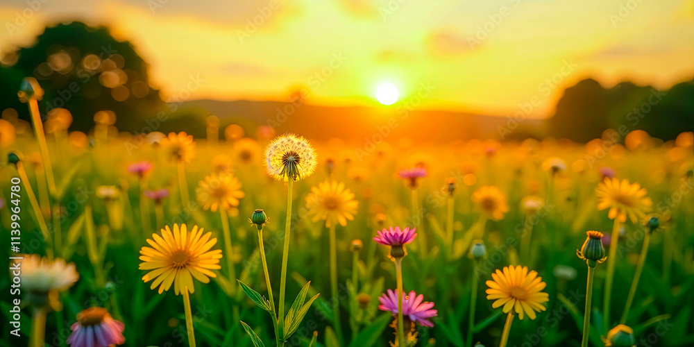 Obraz premium Golden Hour Meadow A Single Dandelion Stands Tall Amidst a Field of Blooming Wildflowers Bathed in the Warm Glow of the Setting Sun