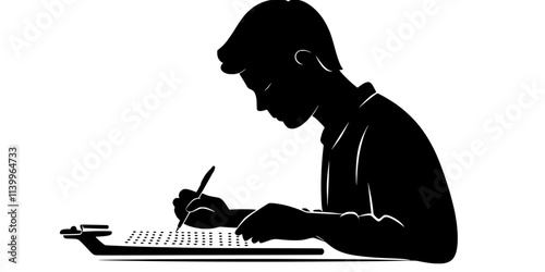 Learner practicing handwriting in a foreign language during class, close-up of notebook, Digital Art