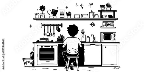 Learner sitting in host family kitchen practicing new vocabulary during a homestay, Digital Art