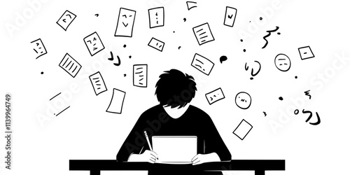 Learner writing vocabulary words from a language lesson on paper, handwriting in progress, Digital Art