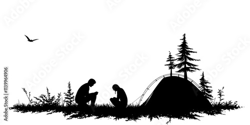 A pair of campers assembling a tent on flat ground with trees in the distance, Digital Art