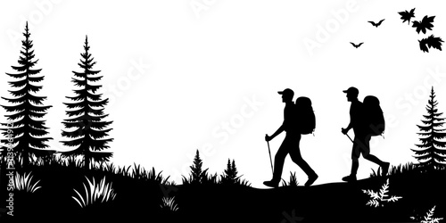 Pair of hikers navigating a forested trail wearing sturdy hiking shoes, Digital Art