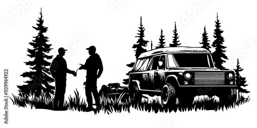 A pair of campers organizing their gear next to a vehicle near a forest, Digital Art