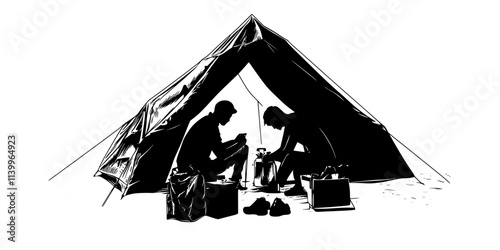 A pair of campers organizing gear inside a tent on a flat, open area, Digital Art