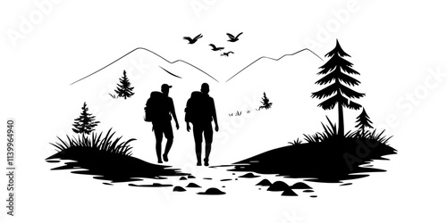A pair of hikers walking down a long-distance trail through diverse environments, Digital Art