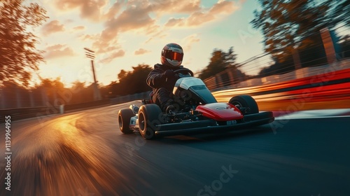 Dynamic go-kart racing shot with motion blur at sunset, capturing racer in action on curved track with dramatic golden hour lighting