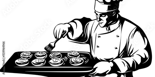 Pastry chef glazing pastries with a brush before placing them in the oven, Digital Art