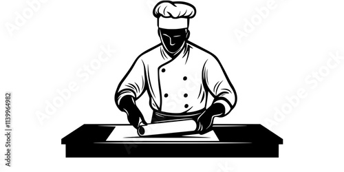 Pastry chef rolling dough into thin sheets on a countertop, Digital Art