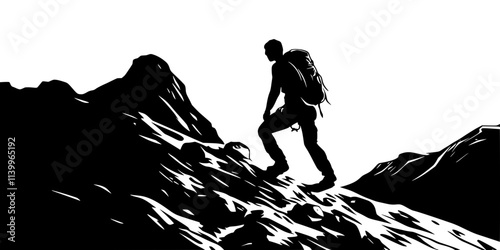 Person climbing a steep mountain trail with rocks and uneven terrain, Digital Art