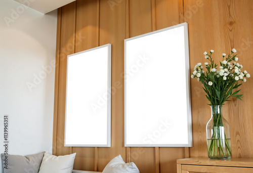 Two empty photo frames, mockup, brown wooden slatted wall background
