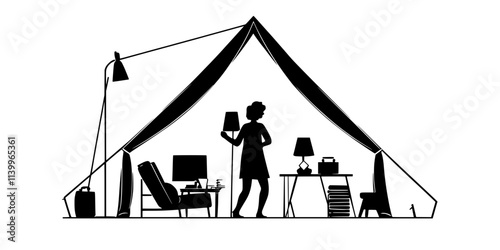 A person entering a spacious tent with furniture and decor inside, Digital Art