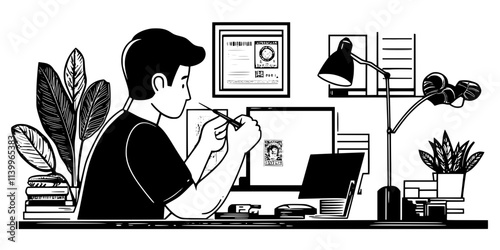 A person examining a revenue stamp using tweezers in a quiet study, Digital Art