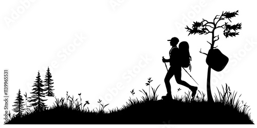 A person hiking on a long trail with a heavy pack, Digital Art
