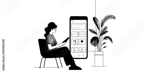 A person interacting with vocabulary practice on a phone screen, Digital Art