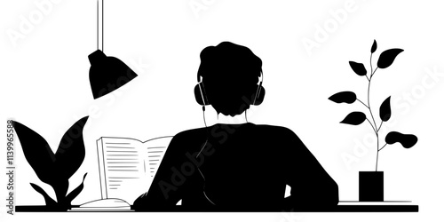 A person listening to a language learning podcast using headphones, Digital Art