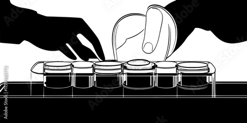 A person organizing a set of commemorative coins inside a clear protective case, Digital Art