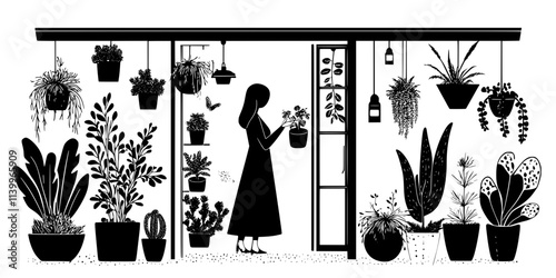 A person organizing small indoor plants in hanging planters near a patio entrance, Digital Art