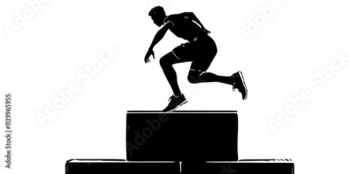 Person performing box jumps, leaping from the ground onto an elevated platform, Digital Art