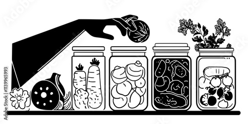 A person placing vegetables in a jar for fermenting in brine, Digital Art